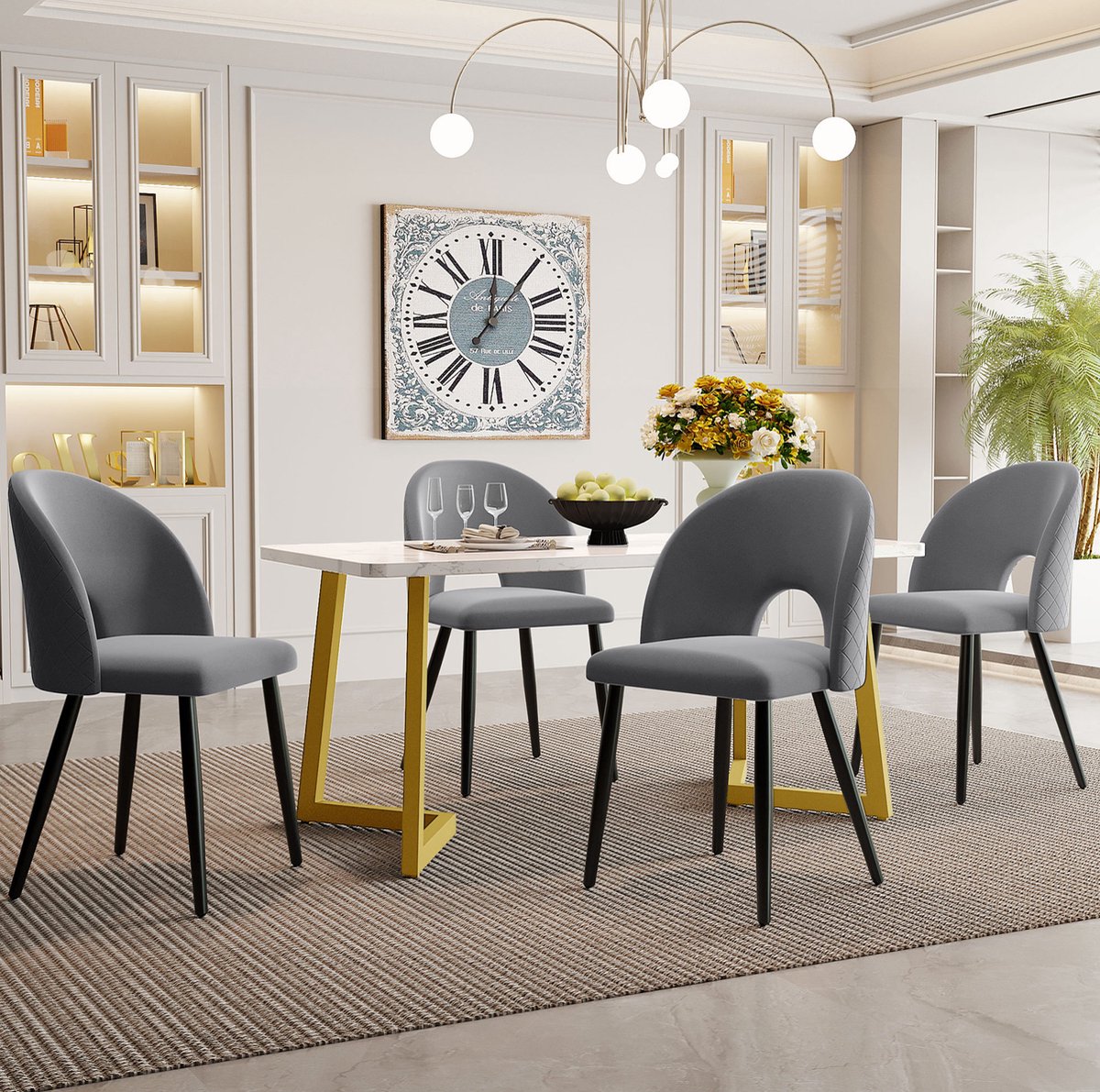 Wishdor Set tafel en stoelen - Vijfdelig met 4 stoelen - Rechthoekige eettafel - Modern - Eetkamer - Hout, metaal en fluweel - Grijs - 117 x 68 x 75 cm