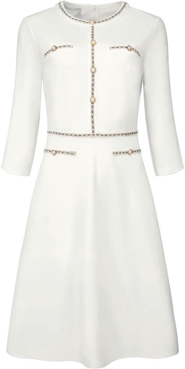 A-lijn Jurk - Midi Jurk - Formeel Werk - Tweed Trim - 3/4 Mouwen - Wit