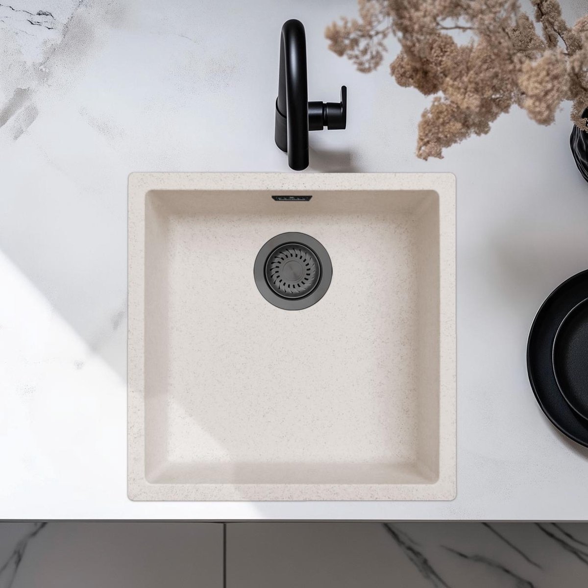 Spoelbak 40x40 cm zand wit onderbouw en opbouw Pure.Sink