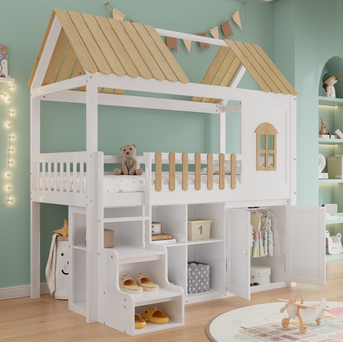 Wishdor Hoogslaper 90x200 cm - Huisbed met trap en opbergruimte - Met kledingkast en schoenenkast - Huisstijl - Kinderkamer - Hout en MDF - Wit naturel