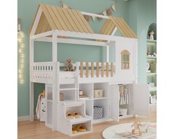 Wishdor Hoogslaper 90x200 cm - Huisbed met trap en opbergruimte - Met kledingkast en schoenenkast - Huisstijl - Kinderkamer - Hout en MDF - Wit naturel
