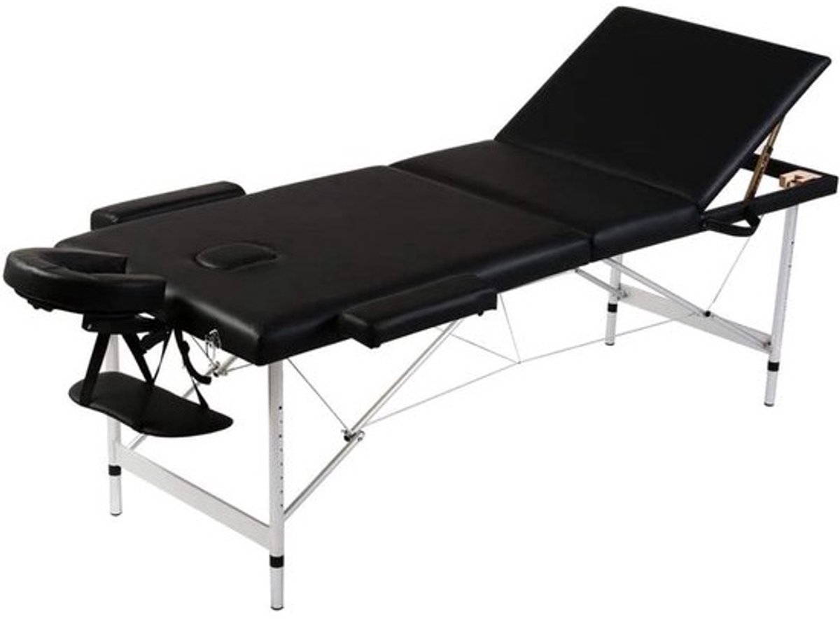 Opvouwbare massagetafel - 3-delige behandelbank - Professionele massages - Aluminium frame - 186 x 68 cm - Zwart