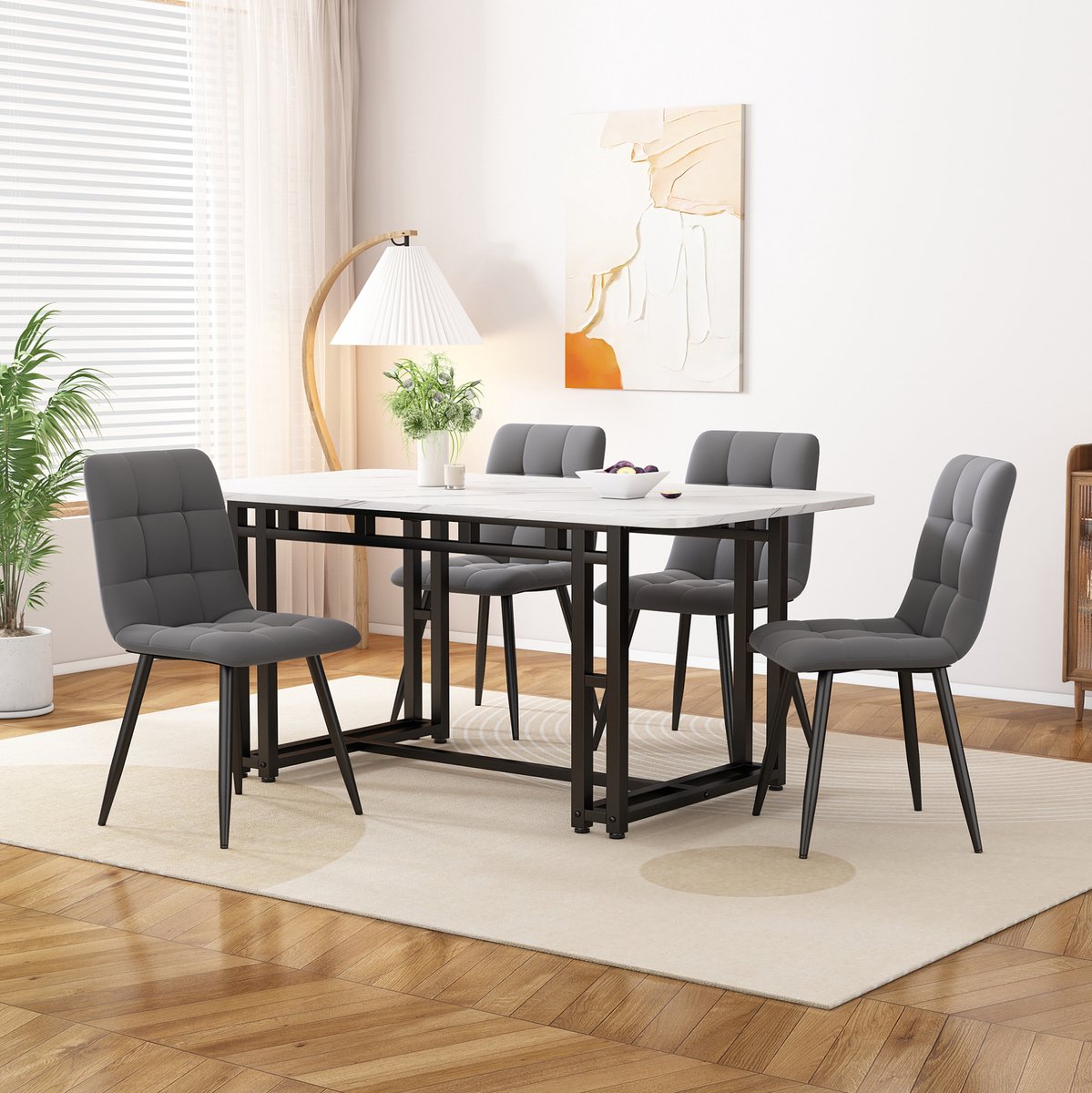 Wishdor Set tafel en stoelen - 1 tafel 4 stoelen - Zwart metalen onderstel en zachte bekleding - Modern - Eetkamer woonkamer - Hout en metaal - Grijs - 120 x 70 cm