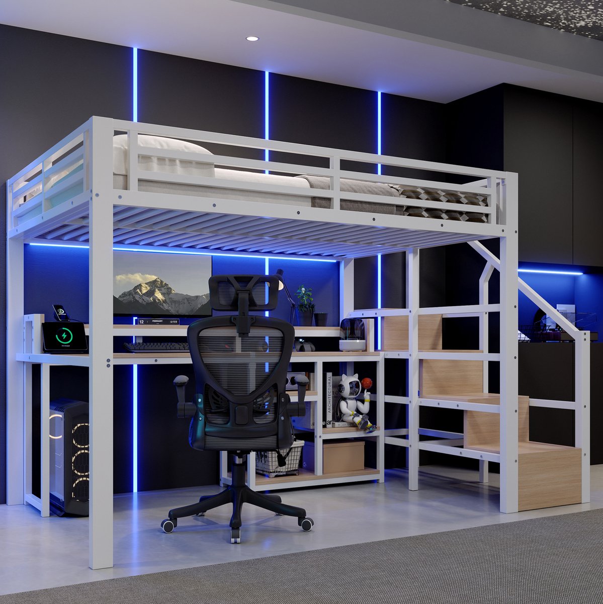 MIVRAY Hoogslaper 140 x 200 Cm - Met Ladderkast, Bureau, USB En Type-C, LED-Verlichting - Voor Slaapkamer - Metaal En MDF Wit