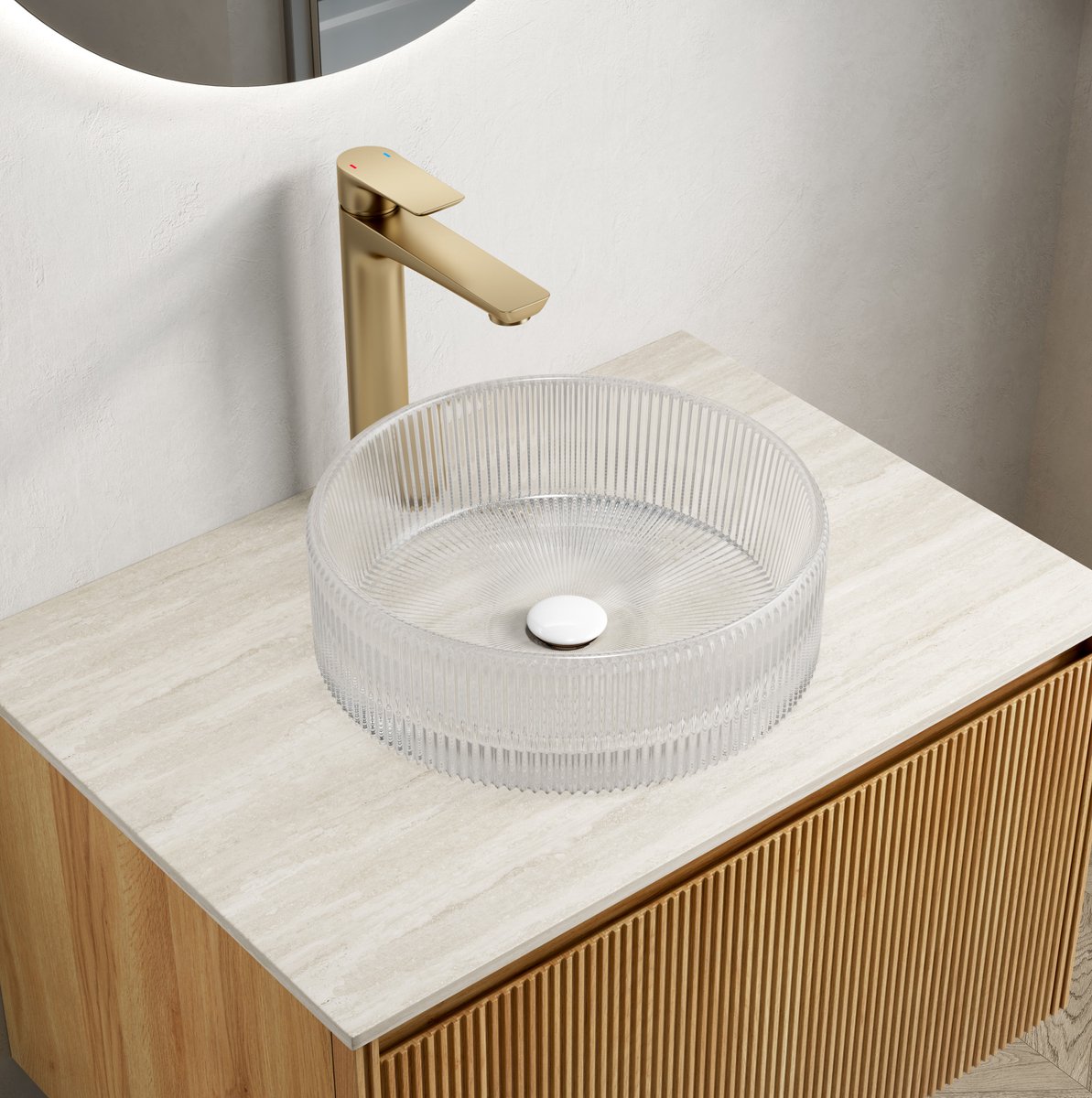 MIVRAY Waskom – Rond Design Met Artistieke Strepen – 36 x 11,5 cm – Glas – Transparant – Tafelopzetwastafel Voor Badkamer