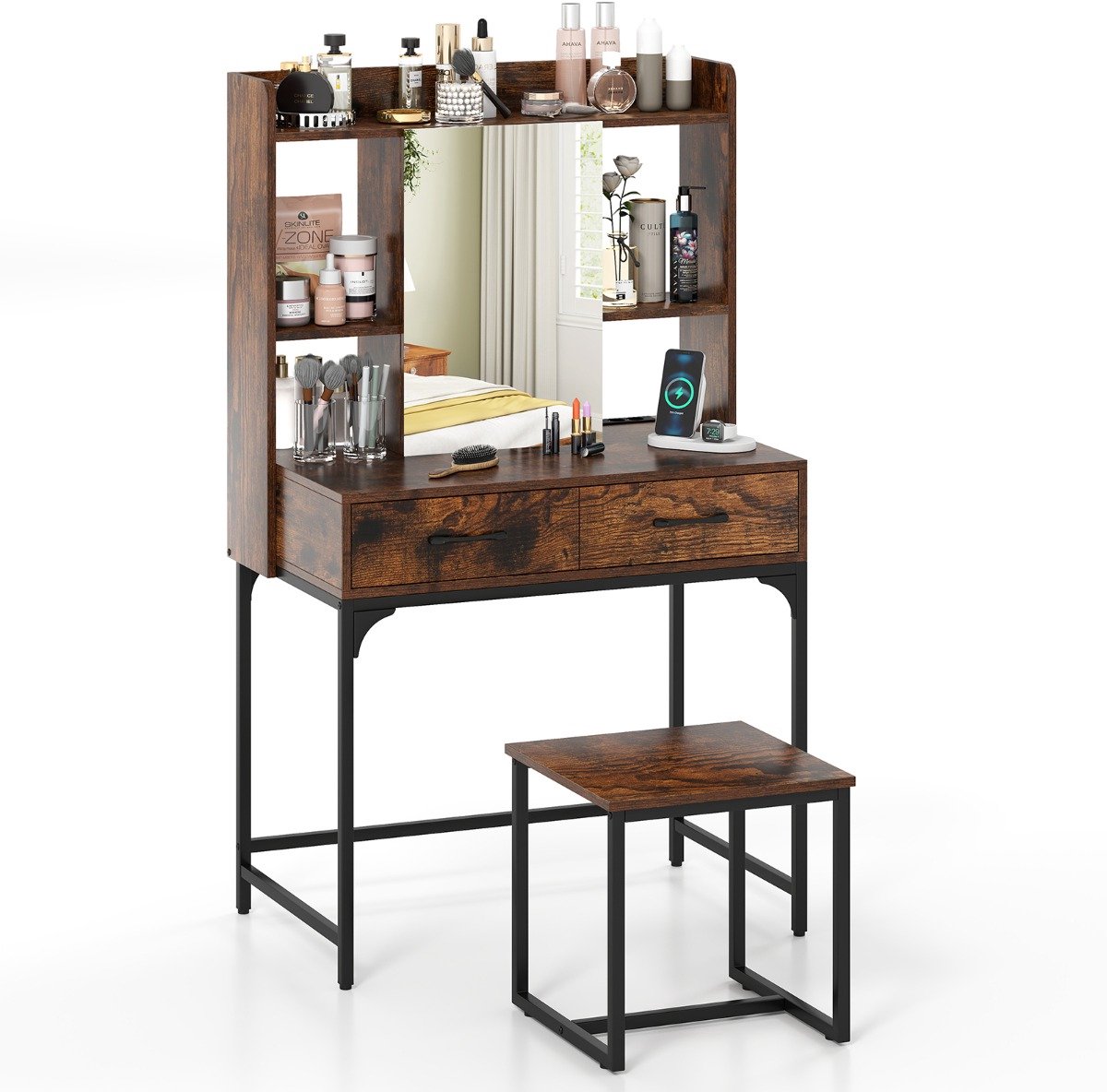 SureDeal® - Kaptafel - Make Tafel - Spiegel - Kruk - Oplaadstation Lades Open - Koffiebruin