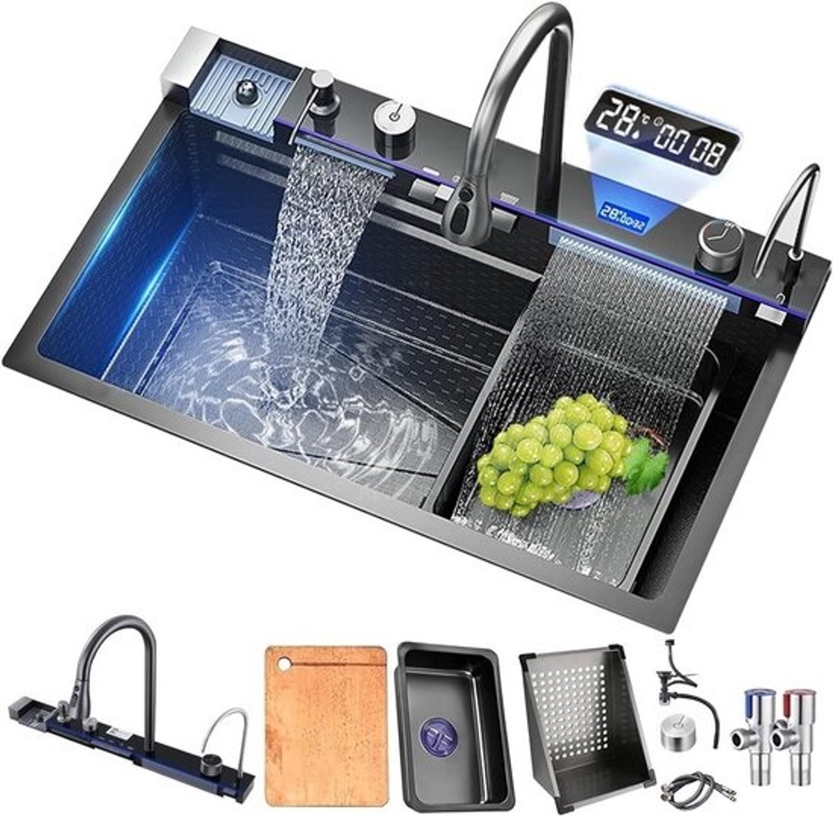 RVS Keukenspoelbak 80x45 cm met Digitale Kraan, Waterpaddel en Accessoires