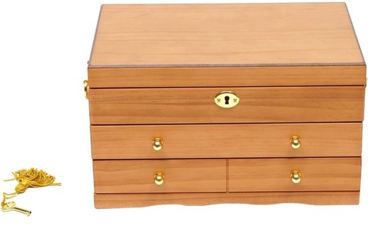 Luxe Houten Sieradendoos met 3 Niveaus en Slot - Sieradenkoffer voor Dames en Meisjes