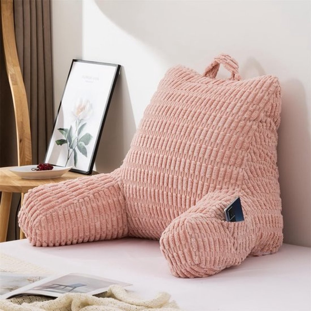Groot Lees Kussen met Rugleuning en Vakken - Zachte Corduroy Stof voor Bed en Bank