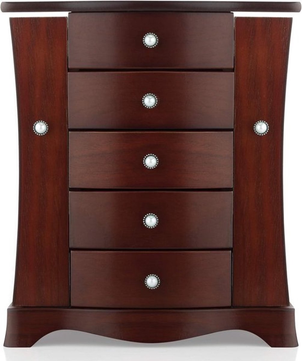Luxe Houten Sieradendoos met 4 Laden, Torenmodel en Zijvakken - Bruine Juwelenkist met Spiegel