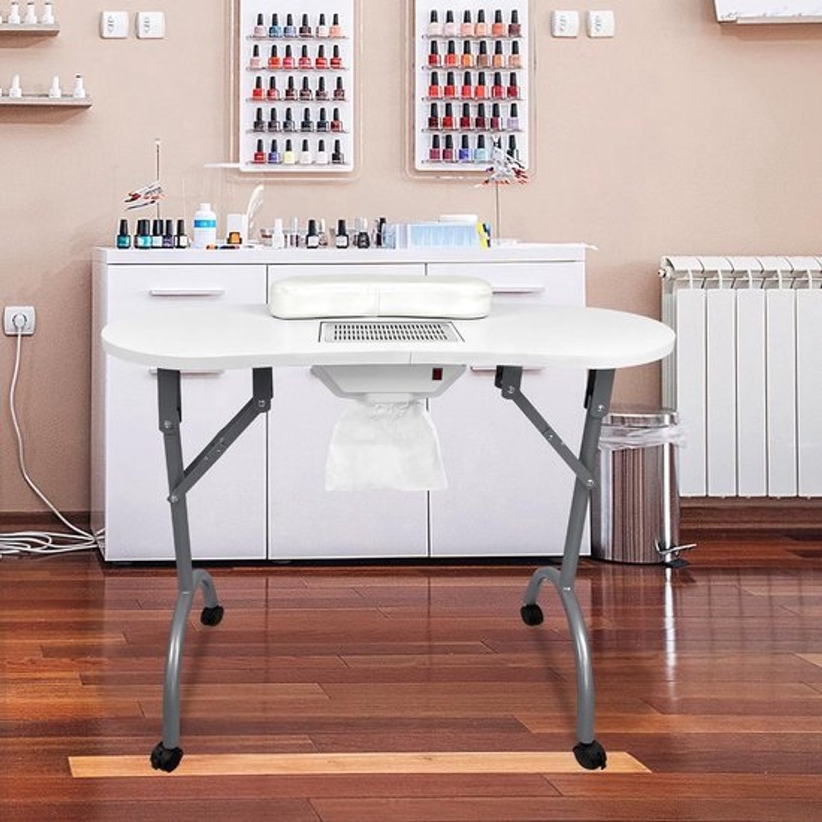 Opvouwbare Manicure Tafel Wit met Stofzuiger, Opbergruimte en Draagtas