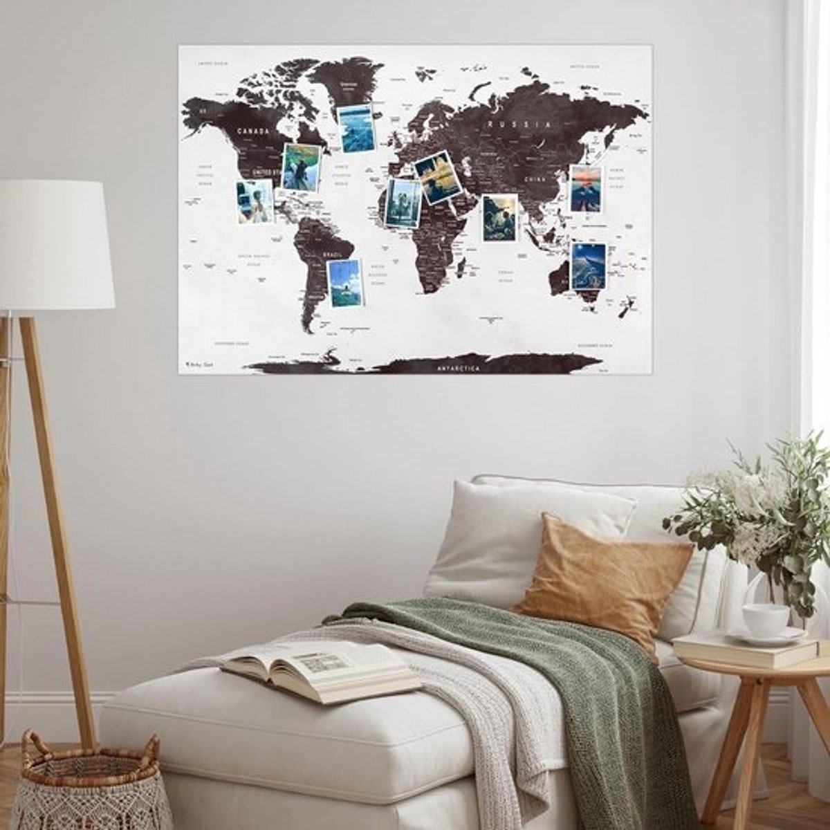 XL Wereldkaart Prikbord DIN A1 - Reisbestemmingen Pinnen op Kunstleer Grijs