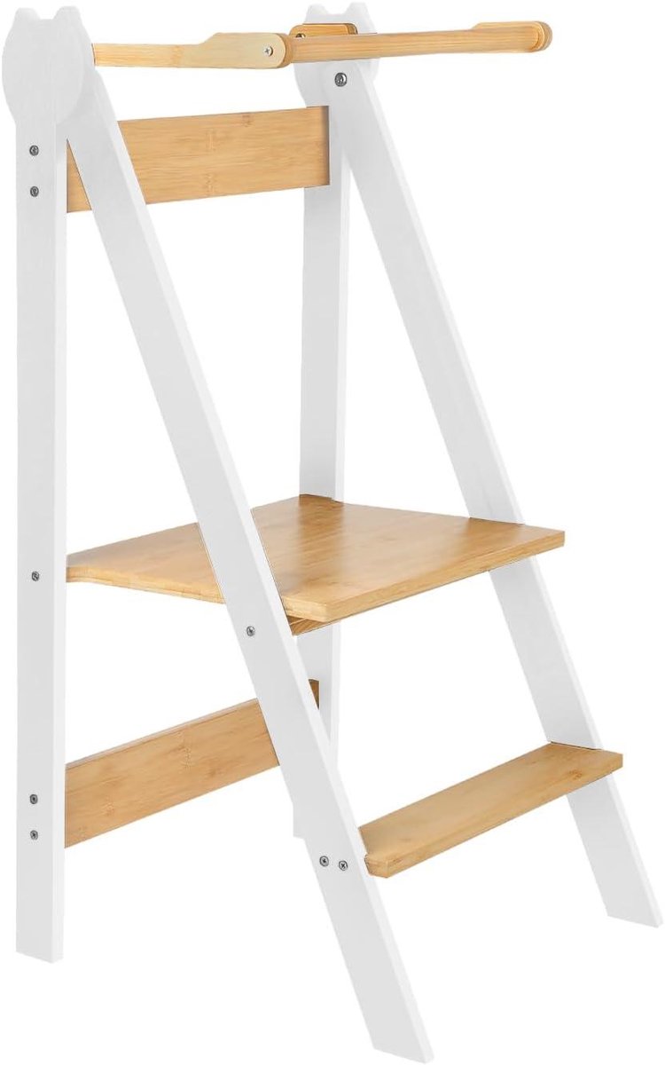 Opvouwbare Leertoren - Houten Kinderkruk - Kinderen Helpen - 3 Verstelbare Niveaus - 88 x 45 cm - Wit Zwart