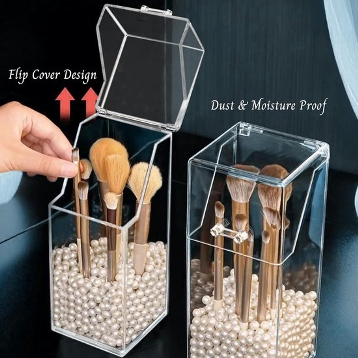 Acryl Make-up Borstelhouder met Parels - Transparant Waterdicht Opbergdoosje met Deksel voor Make-upborstels, Wenkbrauwpennen en Kohlpotloden - Stijlvolle Kaptafel Organizer voor Vrouwen en Meisjes