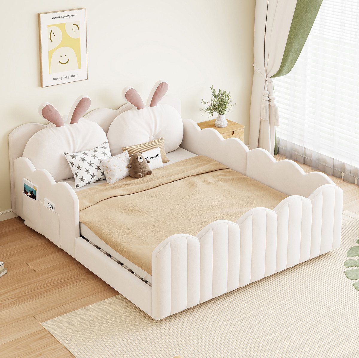 Wishdor Bedframe 140x200 cm - Rabbit ears hoofdbord en veiligheidshekken - Gevoerd platformbed met lattenbodem - Kinderkamer - Hout MDF stof - Beige - 209 x 147,5 x 68 cm