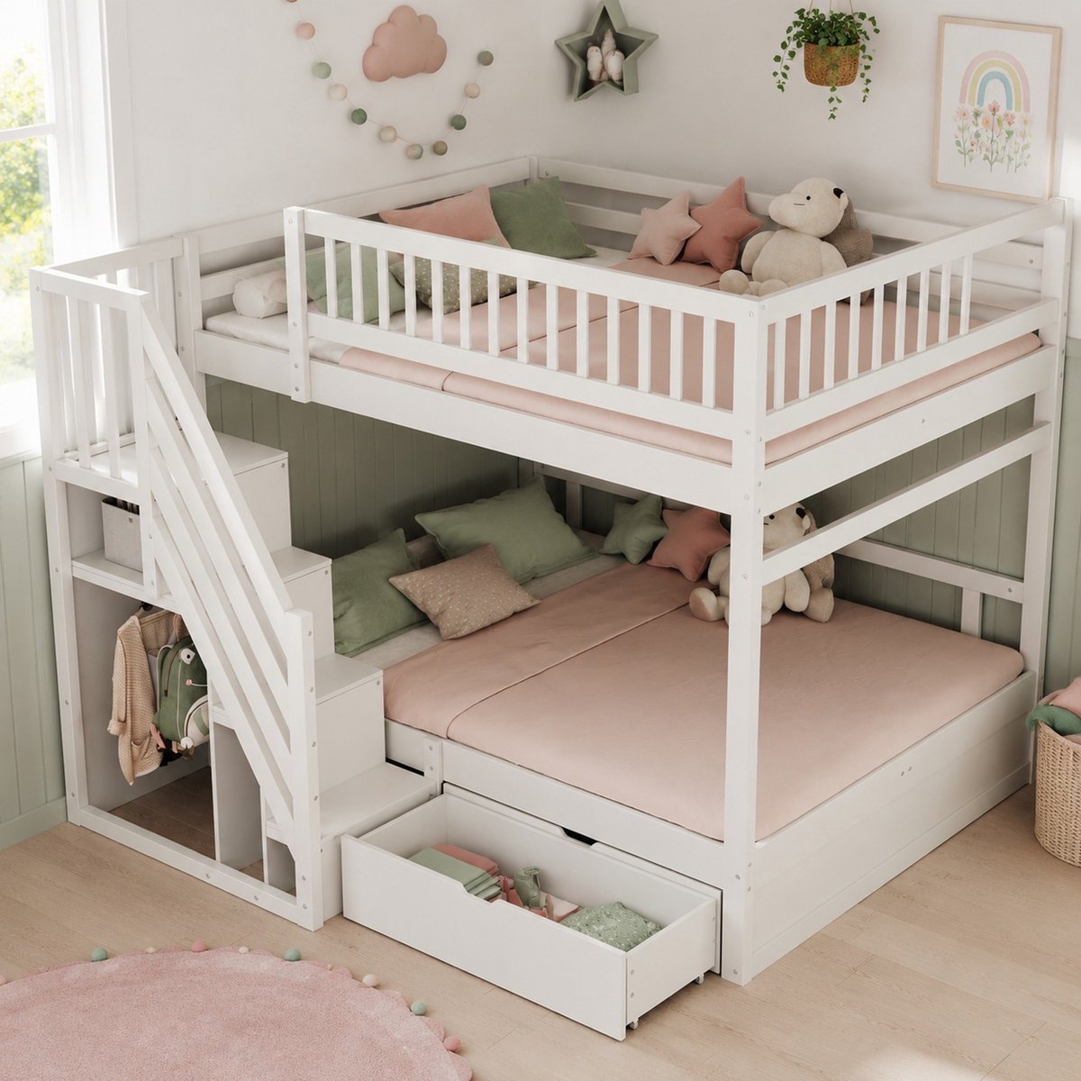 Wishdor Stapelbed 140 x 200 cm - Met hoge veiligheidsrail en opbergladder - Met bedlade en lattenbodems - Kinderkamer wit hout MDF - 205 x 145 x 173,5 cm