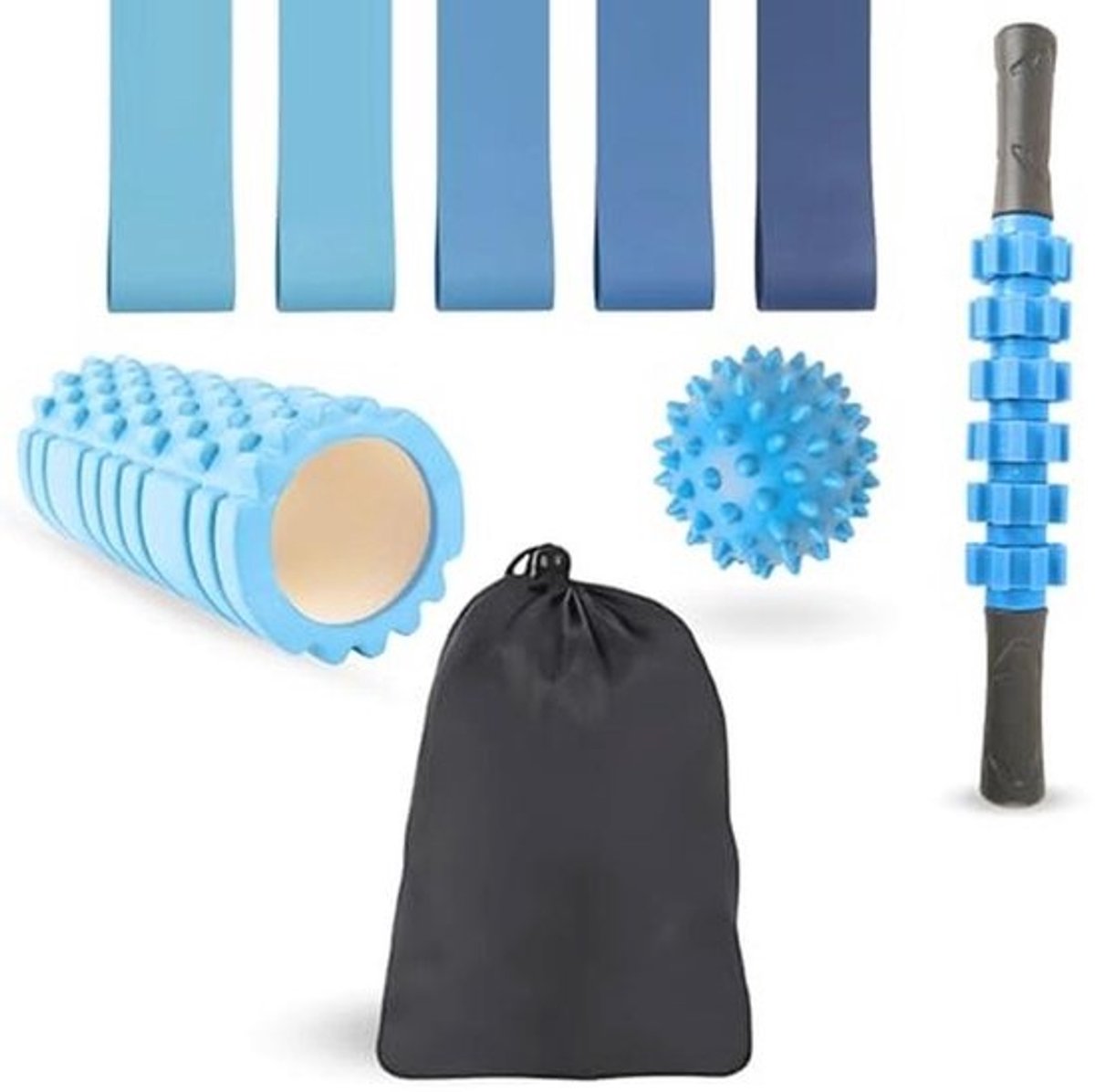 Spiermassagerol set voor herstel en ontspanning, inclusief weerstandsbanden en draagtas