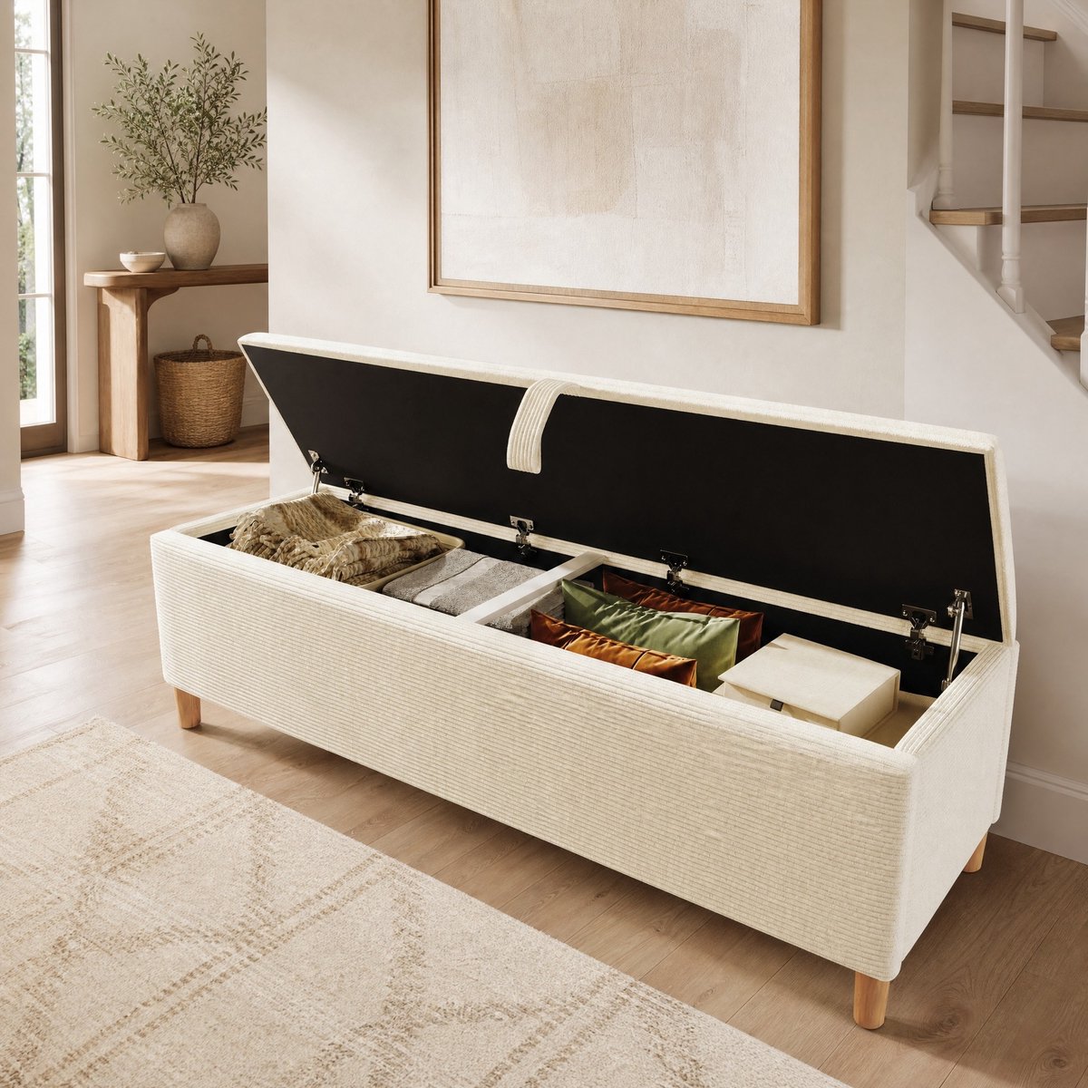 Wishdor Tweepersoonsbed 160x200 cm - Met bedbank en opbergruimte - Hoofdbord met LED verlichting en opbergnis - Cordstof en houtlook - Slaapkamer hal - Beige