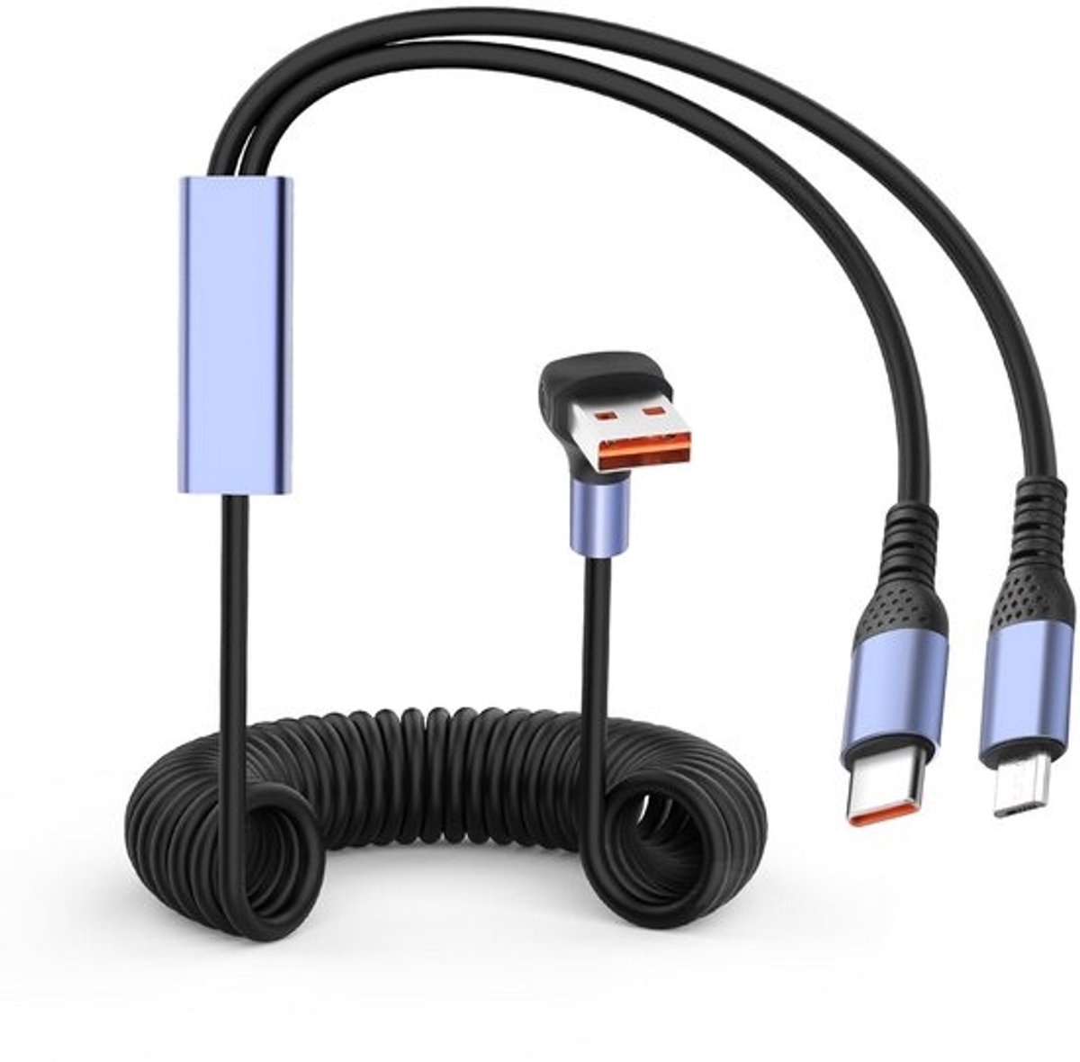 Spiraal Oplaadkabel USB-A naar Type C en Micro USB - 66W Snelladen & Data