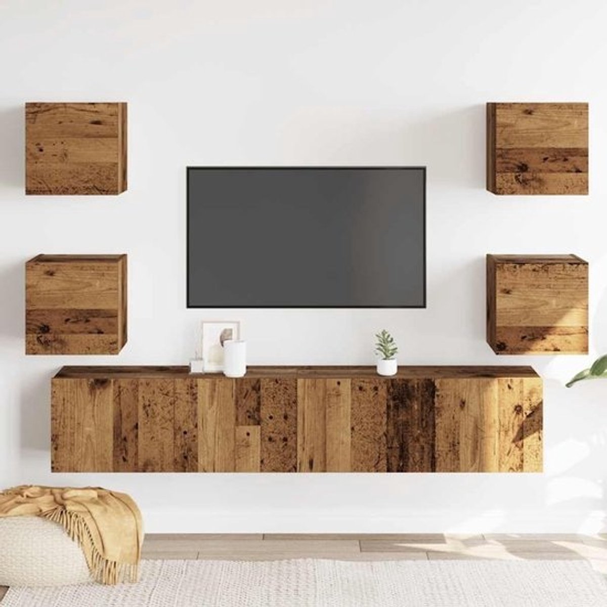 6-delig wandmeubel set tv-kasten machinaal hout oude houtkleur