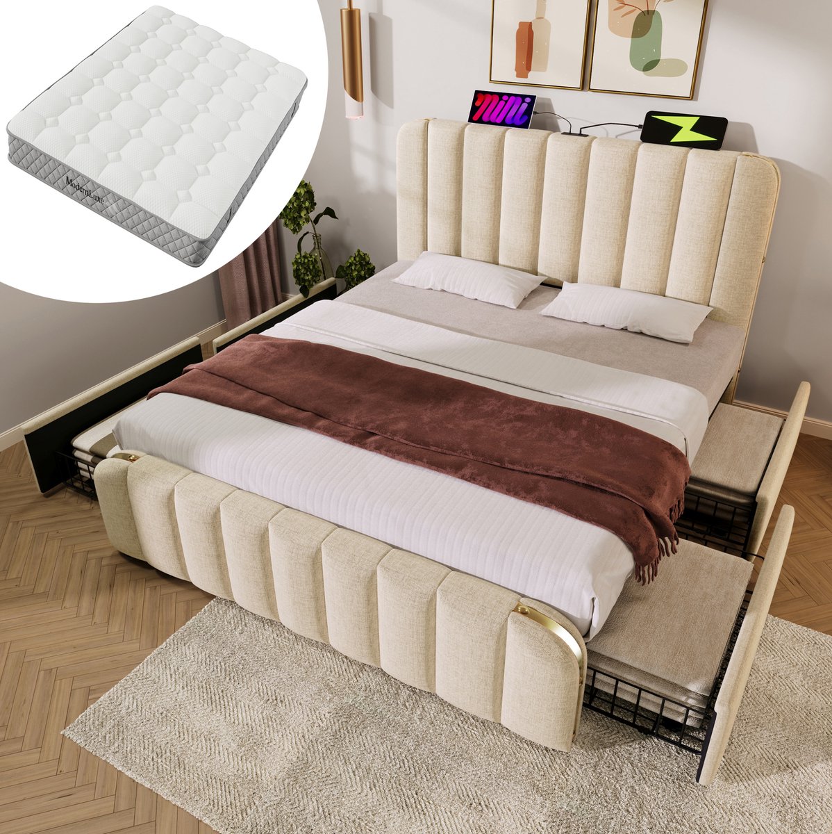 REDOM - Bedbodem - Geïntegreerde USB-C laadfunctie - Opbergbed met 4 lades en lattenbodem - Gestoffeerd hoofdbord met gouden details - Slaapkamer - Metaal en hout - Beige - 140 x 200 cm