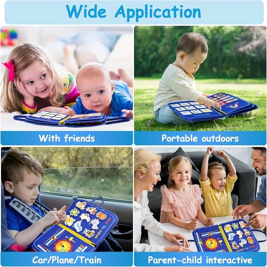 Busy board, Montessori-speelgoed voor jongens, sensorisch bord als verjaardagscadeau – educatief activiteitenboek, leerspeelgoed, leeractiviteiten voor kleuters en reisspeelgoed voor in het vliegtuig of de auto, blauw, voor 1-3 jaar — afbeelding 4