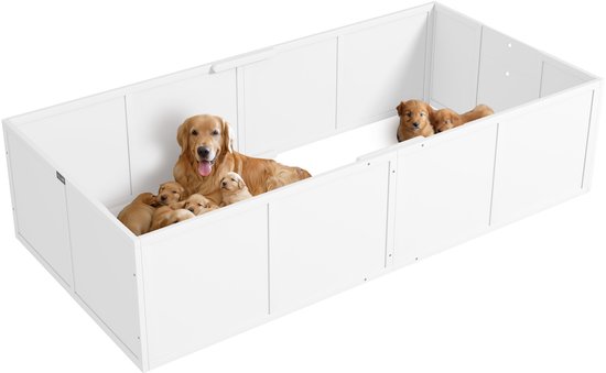 Een witte ren met een moederhond en vijf puppy's, gefotografeerd op een witte achtergrond.