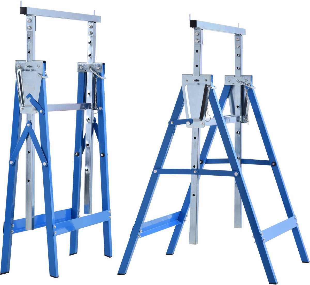 Set van 2 werkschragen - draagvermogen tot 200 kg - opklapbare zaagbok - in hoogte verstelbaar van 80 - 130 cm - stalen steigerschrag - opklapbare schrag - steunschrag - blauw