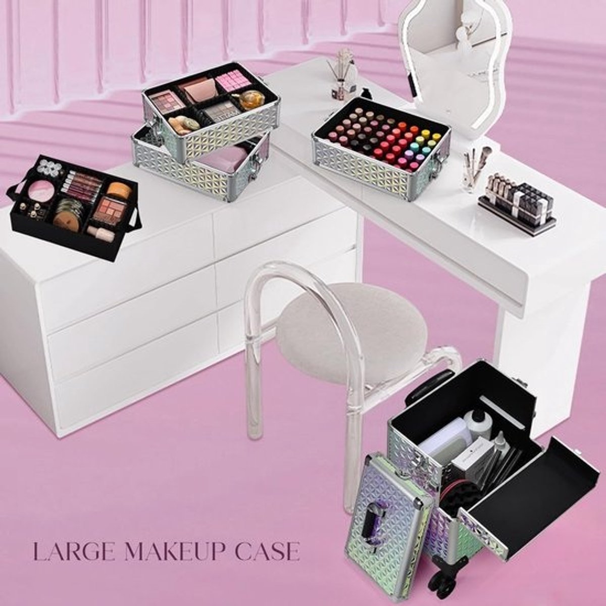 Make-up Koffer - Cosmetica Trolley - Professioneel Gebruik - Modulair 5-in-1 - Extra Groot - Glanzend Roze
