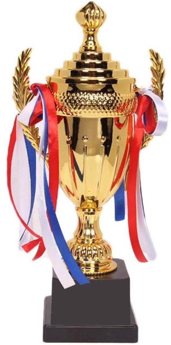Gouden Trofee Beker - Prijsbeker Toernooi - Sportevenementen Belonen - Grote XL Afmeting - 37 cm Hoog - Met Gekleurde Lus