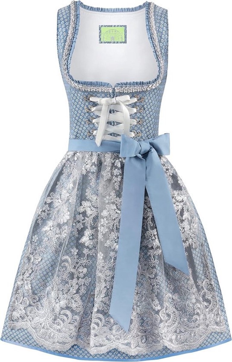 Lichtblauwe Dames Dirndl Jurk met Kant Schort