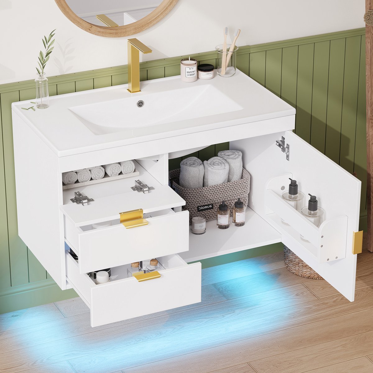 Badmeubel 76cm met wastafel - zwevend wastafelmeubel wit - badkamerkast met lades - 76x46x51cm - LED App bediening - badkamer wit