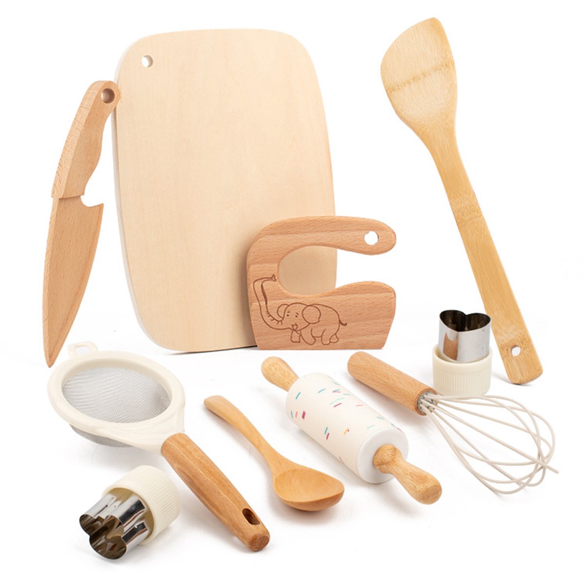 10 stuks houten keukengereedschapset voor peuters, Montessori speelgoed, houten kinderveilige messen, educatief speelgoed, kinderbakset voor echt koken, rollenspel voor kleine chef-koks