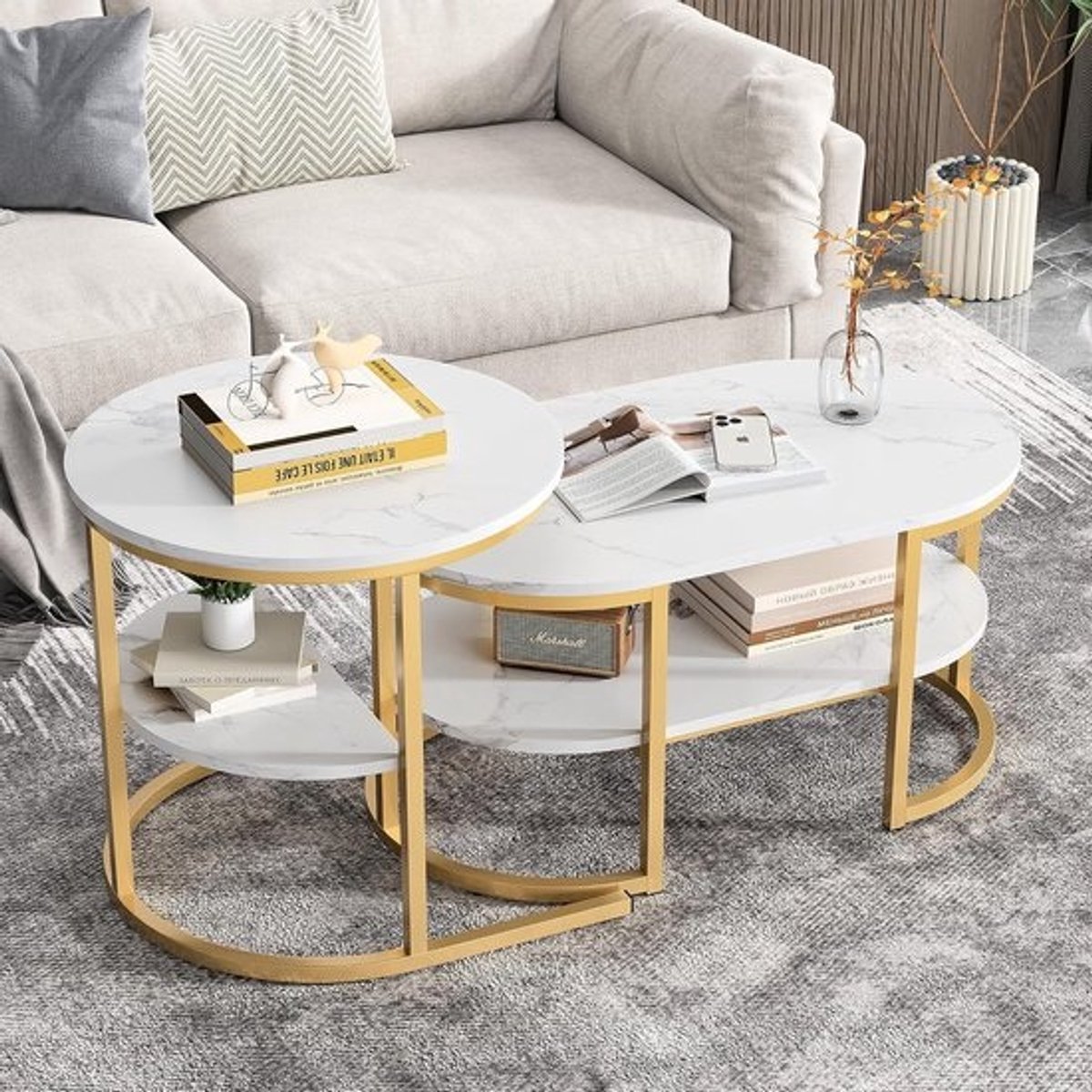 Salontafel Set - Tafel Duo - Woonkamer Meubel - Met Opbergruimte - 52cm & 80cm - Wit Goud