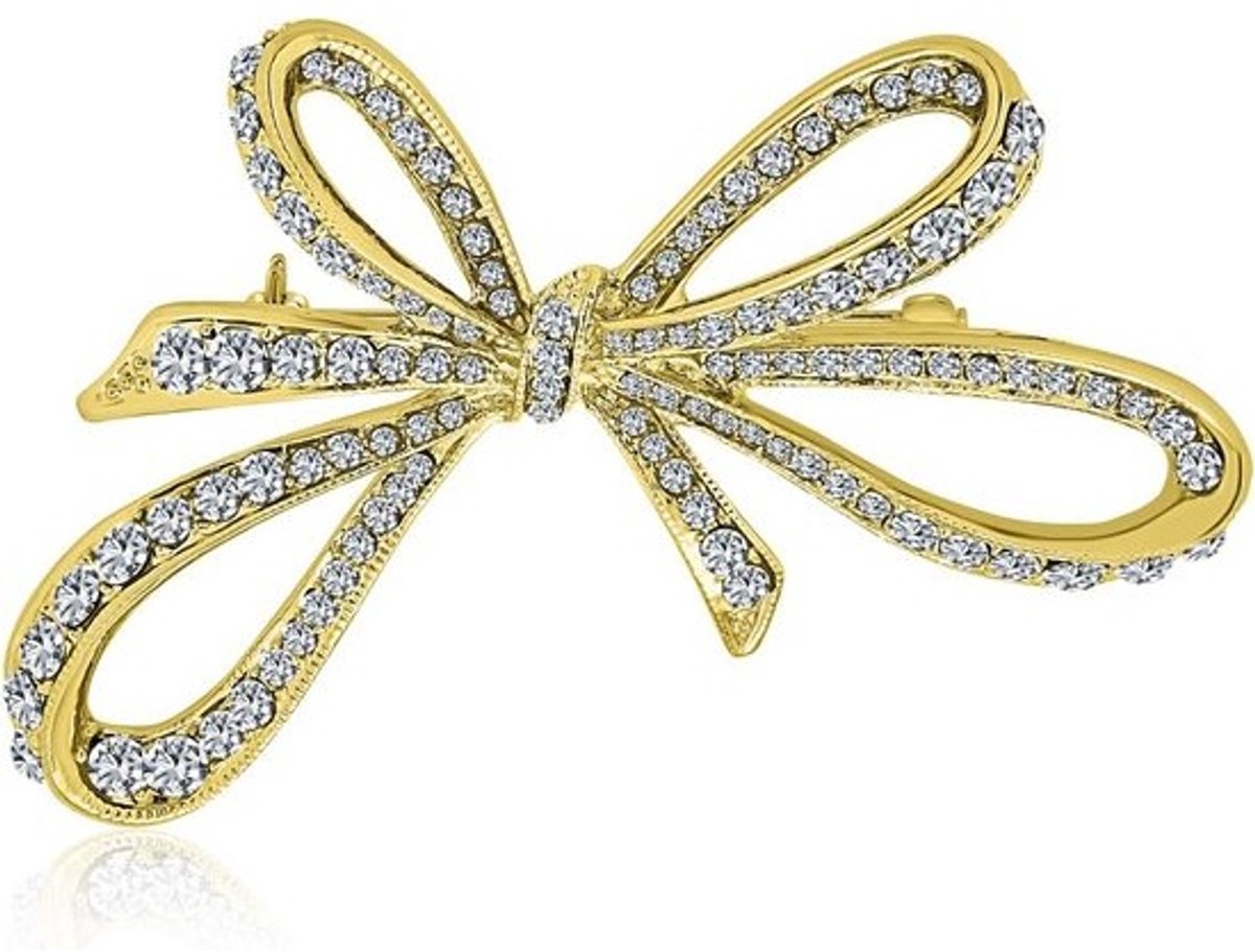 Grote Versierde Broche met Kristal en Strik - Zilver of Goudkleurig