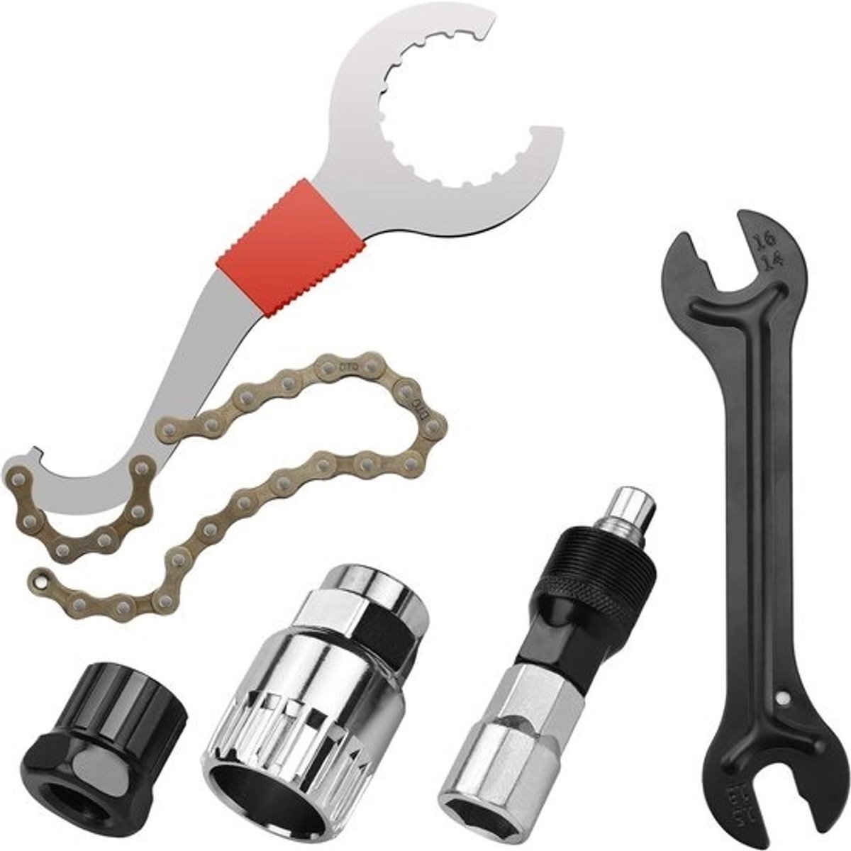 5-in-1 fietsgereedschapsset - cassette-ontspanner, kettingzweep, cranktrekker, bottom bracket tool en kettingspanner