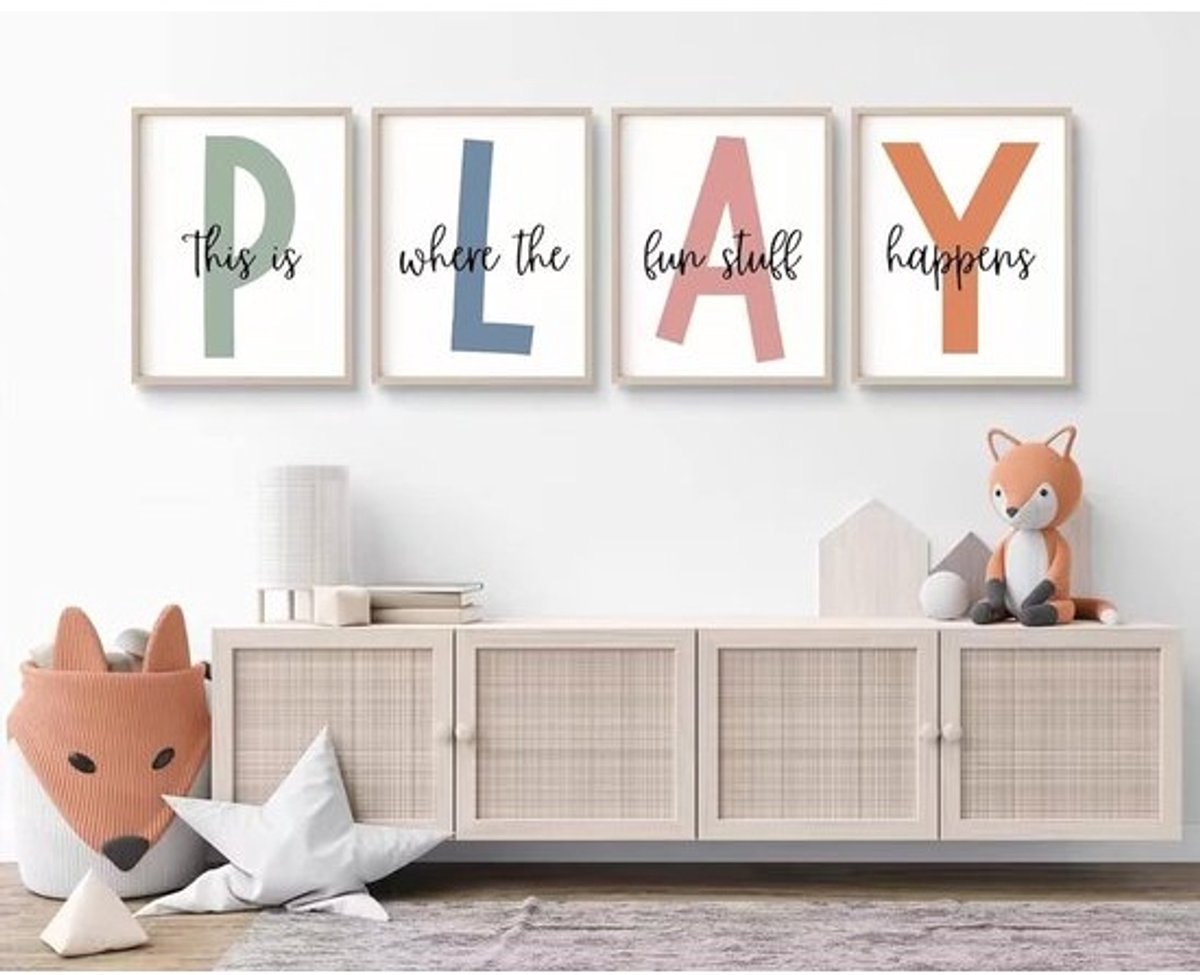 Canvas muurdecoratie met Let's Play tekst voor kinderspeelkamer en peuterkamer
