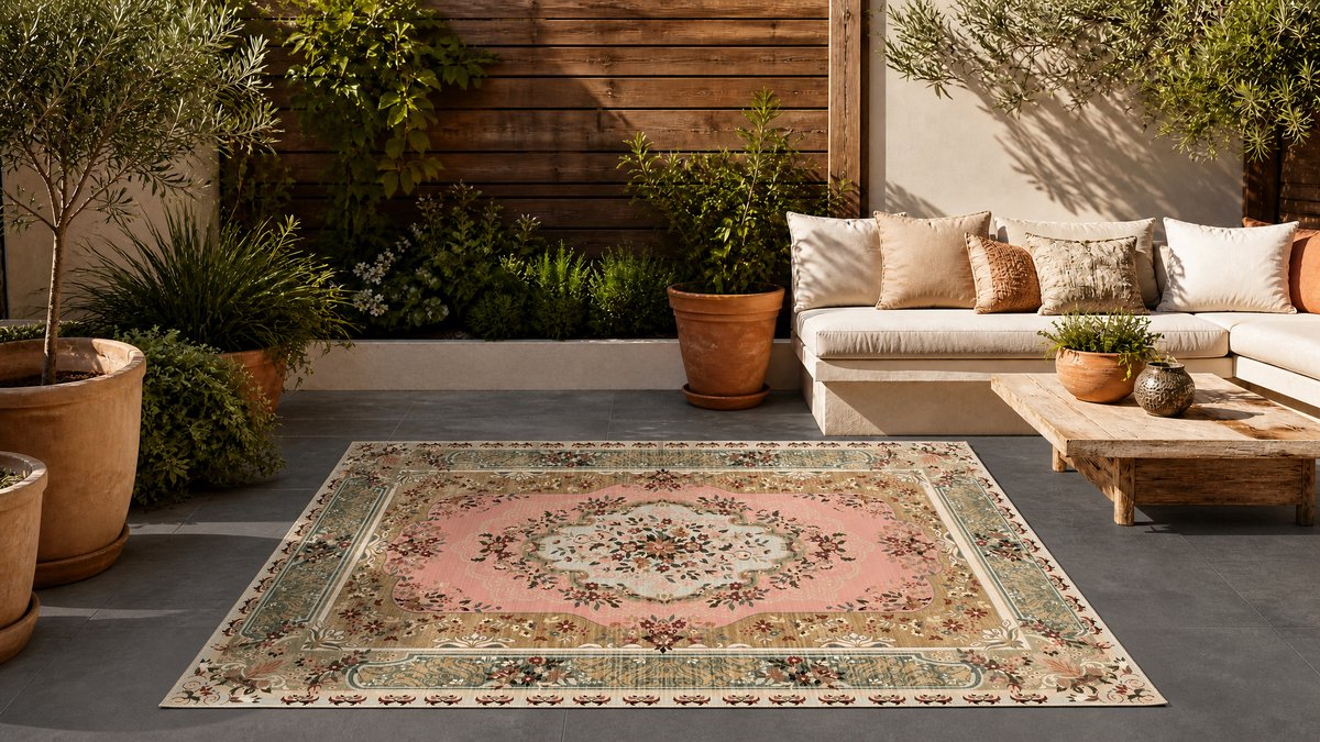 Buitenkleed / Binnenkleed 180x120 cm – Vintage Patroon – Roze Groen – Laagpolig – Tuinkleed - UV & Weerbestendig – Wasbaar (wolprogramma)