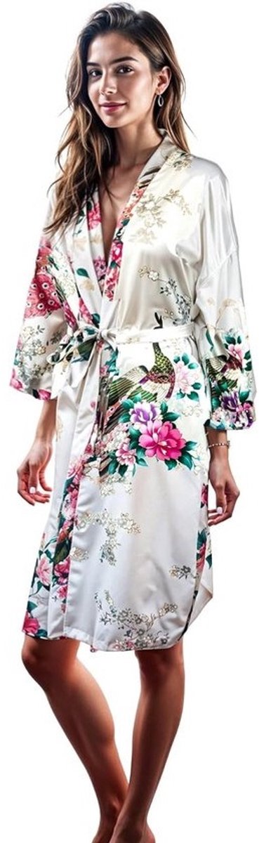 Luxe lange kimono badjas in 16 kleuren met pauwenprint