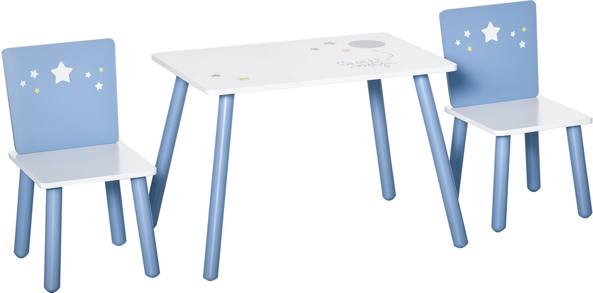 Houten tafel- en stoelenset voor kinderen van 2-4 jaar, tafel 60x40x43 cm en stoelen 28x26x48 cm, wit en blauw