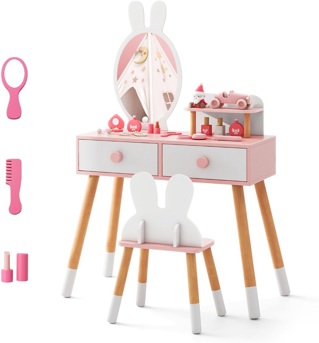 SureDeal® - Kaptafel - Kinder Schminktisch - Konijnenontwerp Make upset - Massief Houten Poten - 78x37x110 cm - Wit