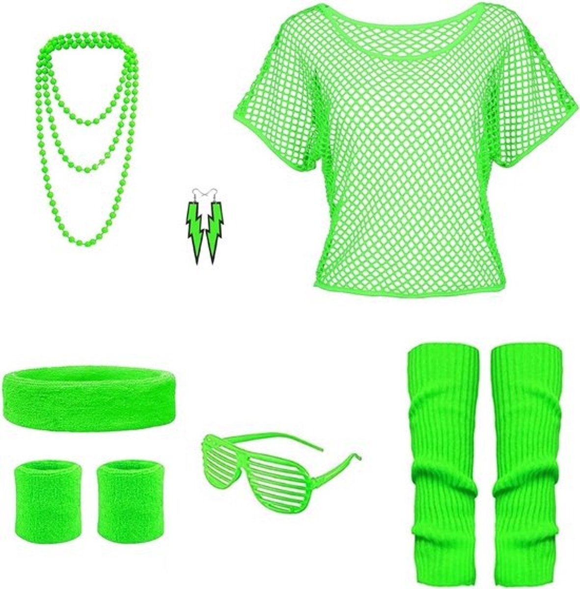 Compleet Jaren 80 Outfit Dames Set - Neon Accessoires, Netshirt, Beenwarmers & Meer voor Themafeest