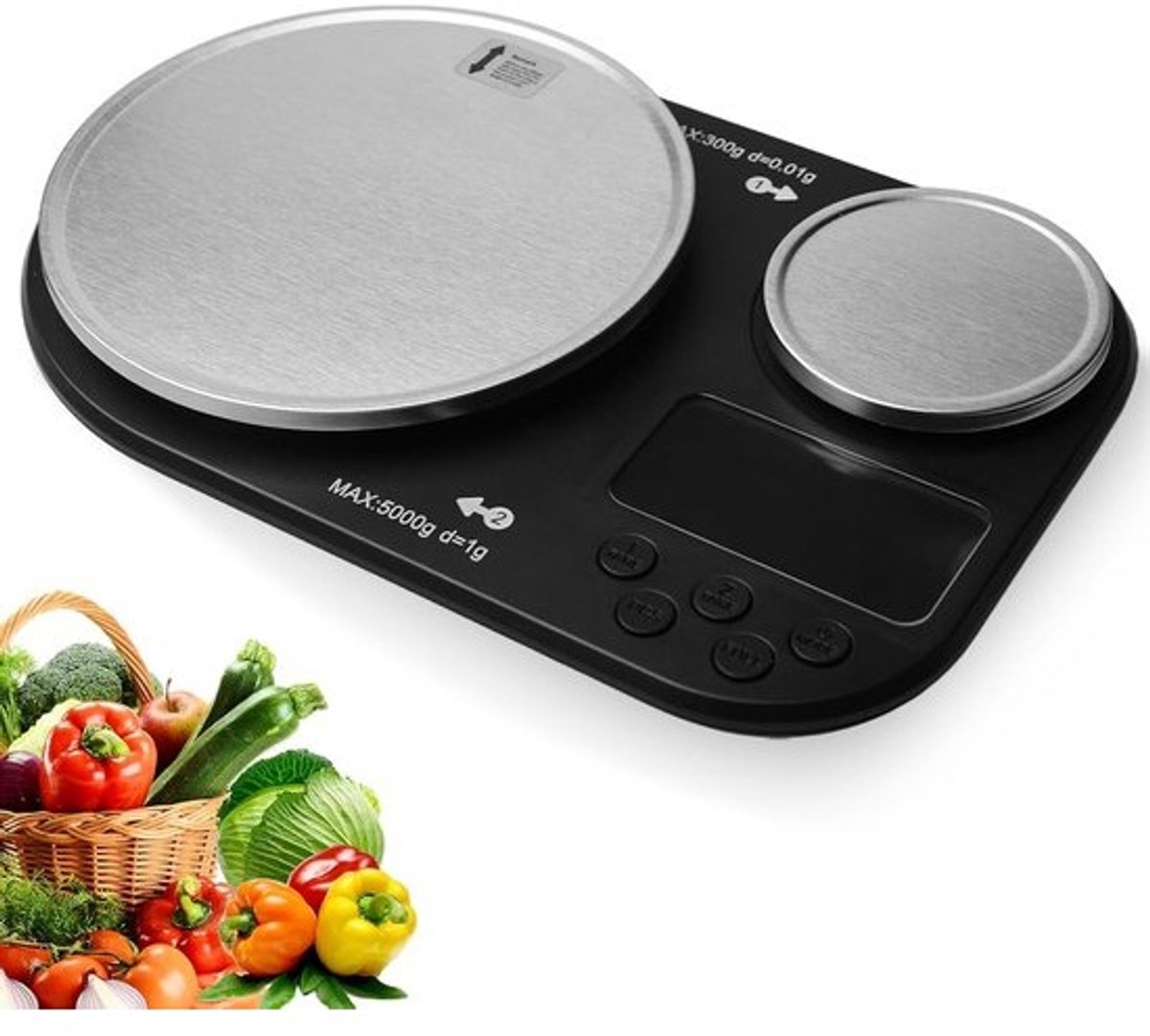 Digitale Keukenweegschaal met Dubbel Platform – 5kg en 300g Precisie, RVS Schaal