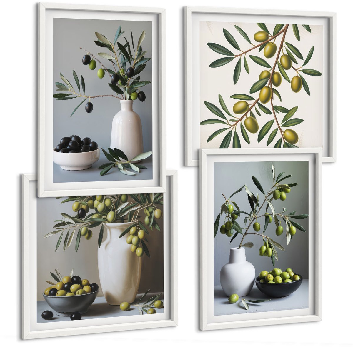 Wallfluent 4-Delige Schilderij Set - Olijven In Vazen ​​Tegen Een Achtergrond Van Gedempte Kleuren. - 40 x 40 En 40 x 60 - Muurdecoratie - Wanddecoratie - Hal - Interieur Decoratie