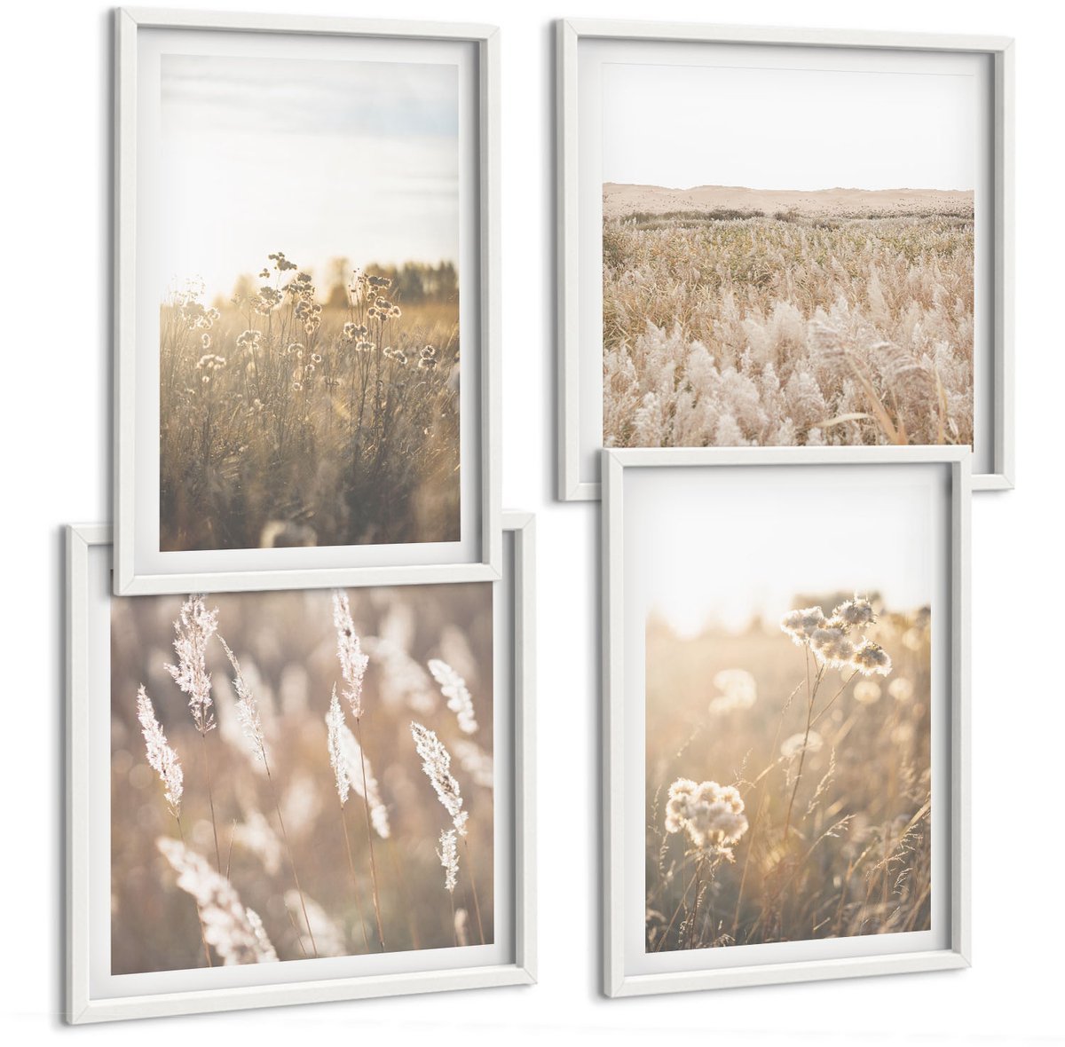 Wallfluent 4-Delige Schilderij Set - Landschap Met Grassen En Bloemen In Warme Tinten. - 40 x 40 En 40 x 60 - Decoratieve Schilderijen - Woonkamer - Interieur