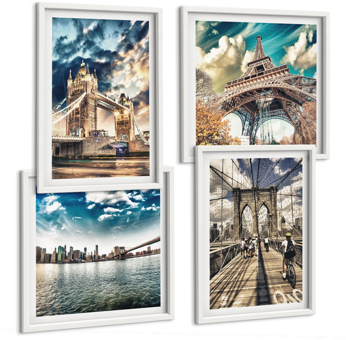 Wallfluent 4-Delige Schilderij Set - Bruggen En Torens In Europese Steden - 40 x 40 En 40 x 60 - Decoratieve Schilderijen - Wanddecoratie - Hal - Moderne Wanddecoratie
