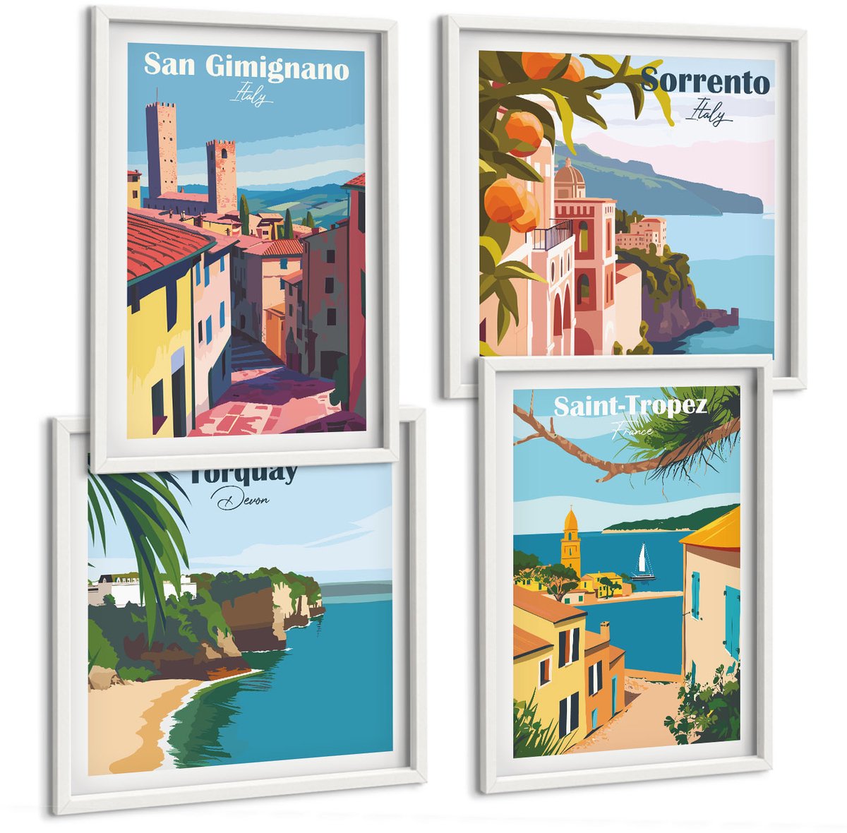 Wallfluent 4-Delige Schilderij Set - Italiaanse Stadjes En Retro Kustlandschappen - 40 x 40 En 40 x 60 - Moderne Wanddecoratie - Woonkamer - Muurdecoratie