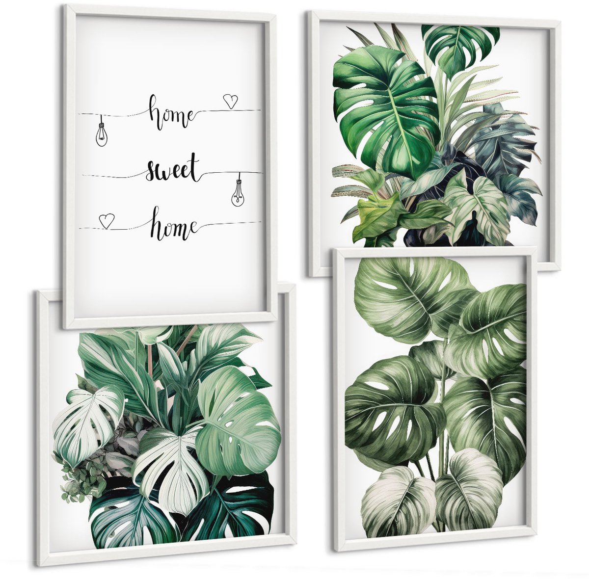Wallfluent 4-Delige Schilderij Set - Aquarel Monstera Verlaat Het Fijne Thuis - 40 x 40 En 40 x 60 - Muurdecoratie - Wanddecoratie - Slaapkamer - Decoratieve Schilderijen