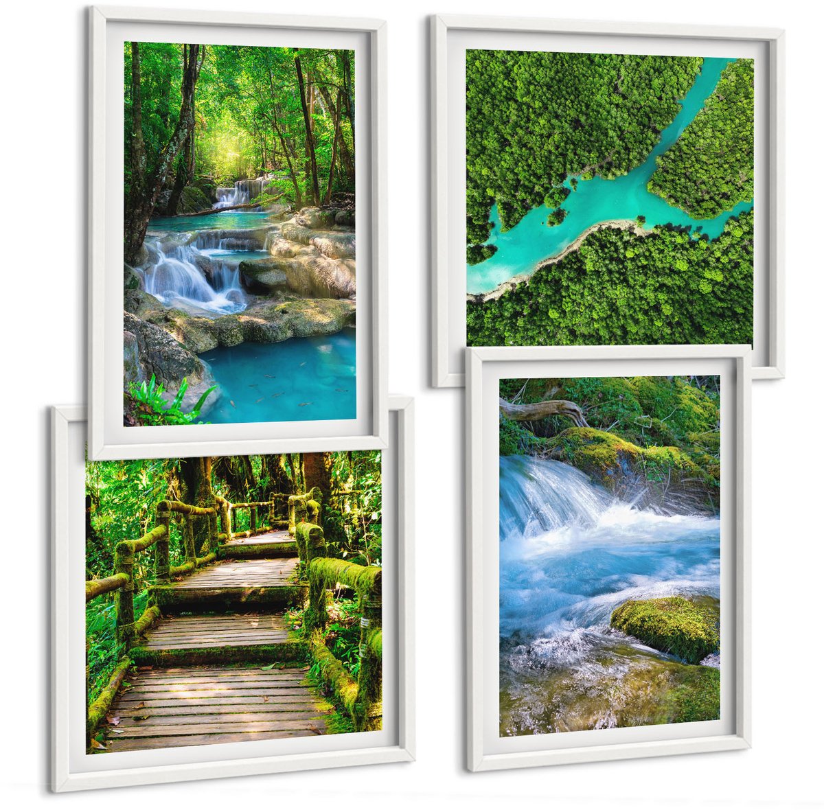 Wallfluent 4-Delige Schilderij Set - Groene Bossen En Kristalhelder Rivierwater - 40 x 40 En 40 x 60 - Decoratieve Schilderijen - Wanddecoratie - Hal - Moderne Wanddecoratie