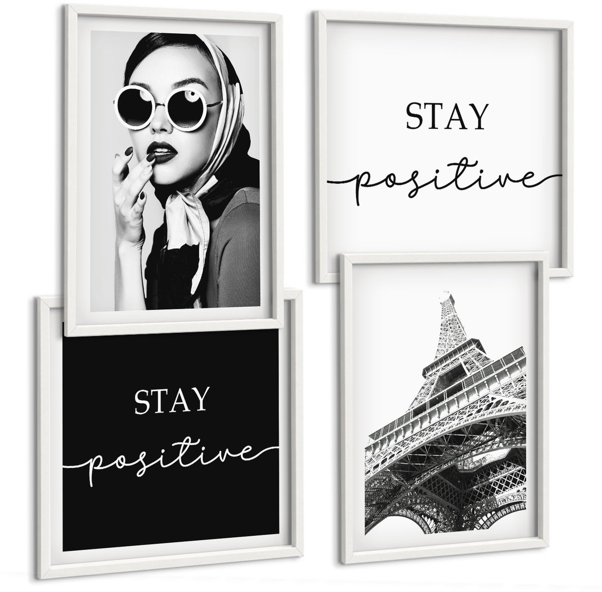 Wallfluent 4-Delige Schilderij Set - Portretten Franse Eiffeltoren Inspirerende Slogans - 40 x 40 En 40 x 60 - Decoratieve Schilderijen - Woonkamer - Interieur - Muurdecoratie